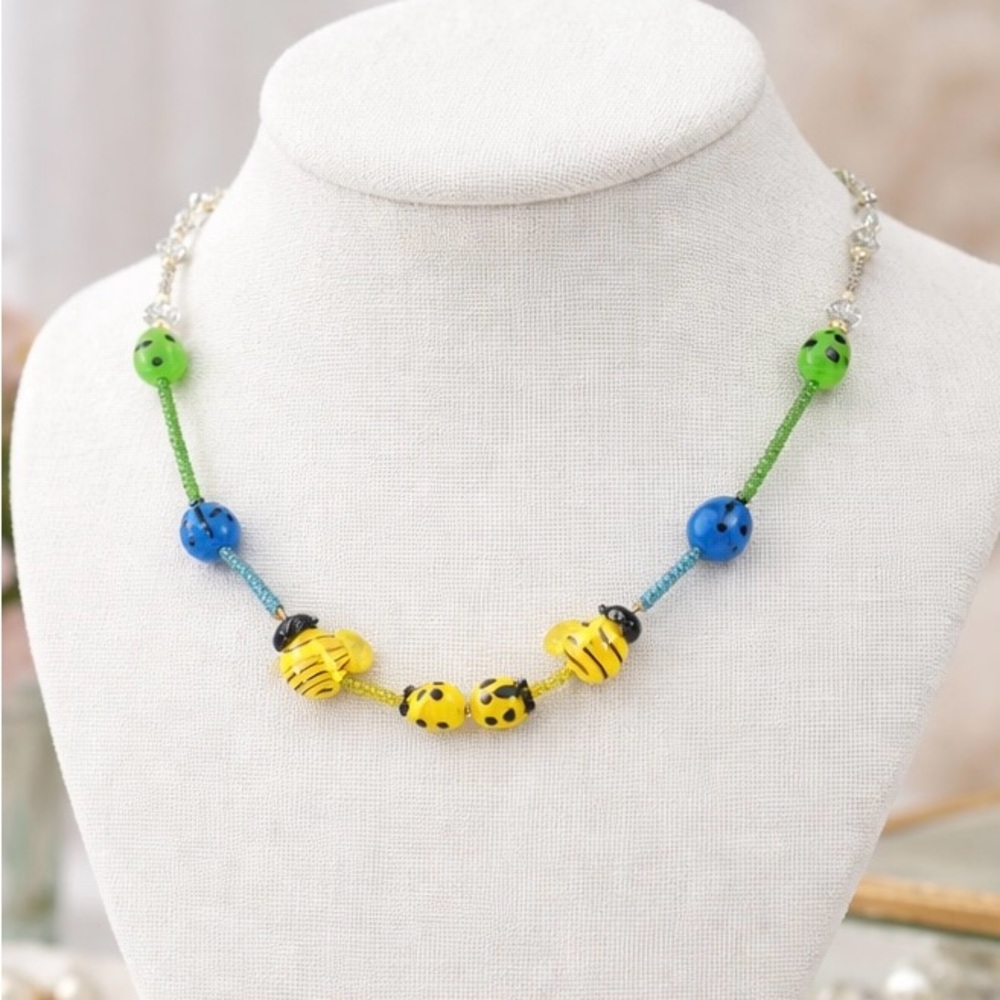 Handmade Glass Bug Bead Necklace Ladybug Bee Art Glass Beaded 17” Whimsical